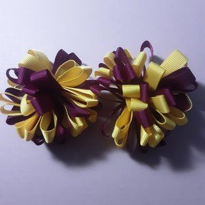 pair of dog bows, ear bows, collar bows, top knot bows, maroon and yelllow